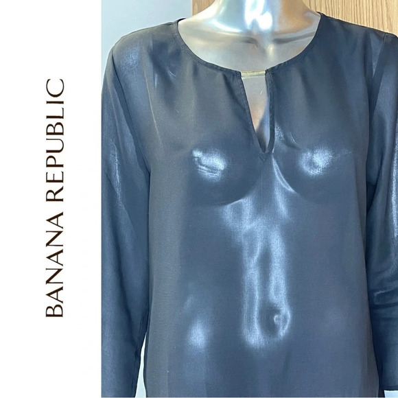 🛍️3/$40 Banana Republic Black  Sheer Long Sleeve 3/4 Sleeve Gold Metal Sz Small - Picture 6 of 7